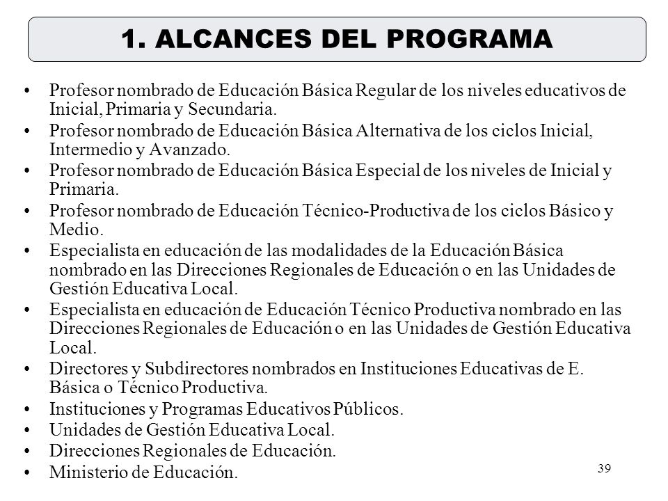 1. ALCANCES DEL PROGRAMA Profesor nombrado de Educación Básica Regular de los niveles educativos de Inicial, Primaria y Secundaria.