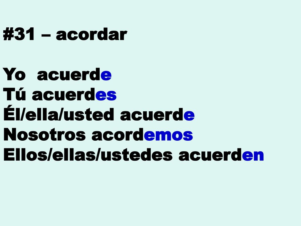 #31 – acordar Yo acuerde. Tú acuerdes. Él/ella/usted acuerde.