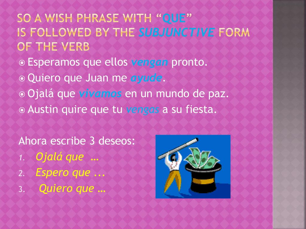 So a wish phrase with que is followed by the subjunctive form of the verb
