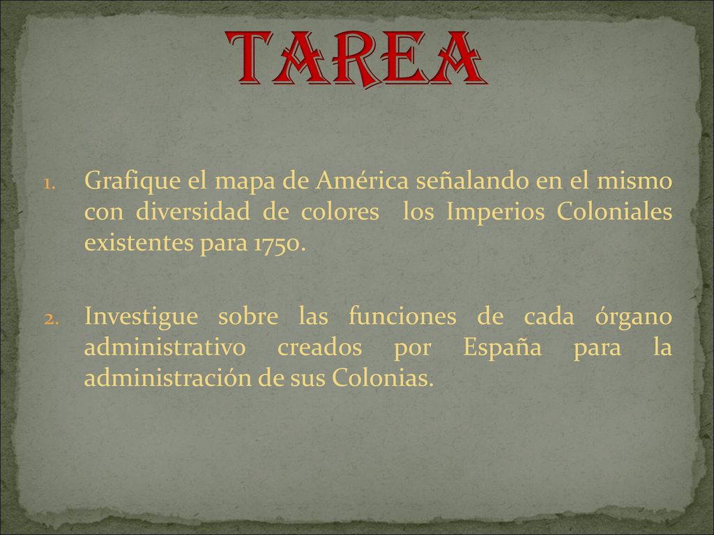TAREA Grafique el mapa de América señalando en el mismo con diversidad de colores los Imperios Coloniales existentes para