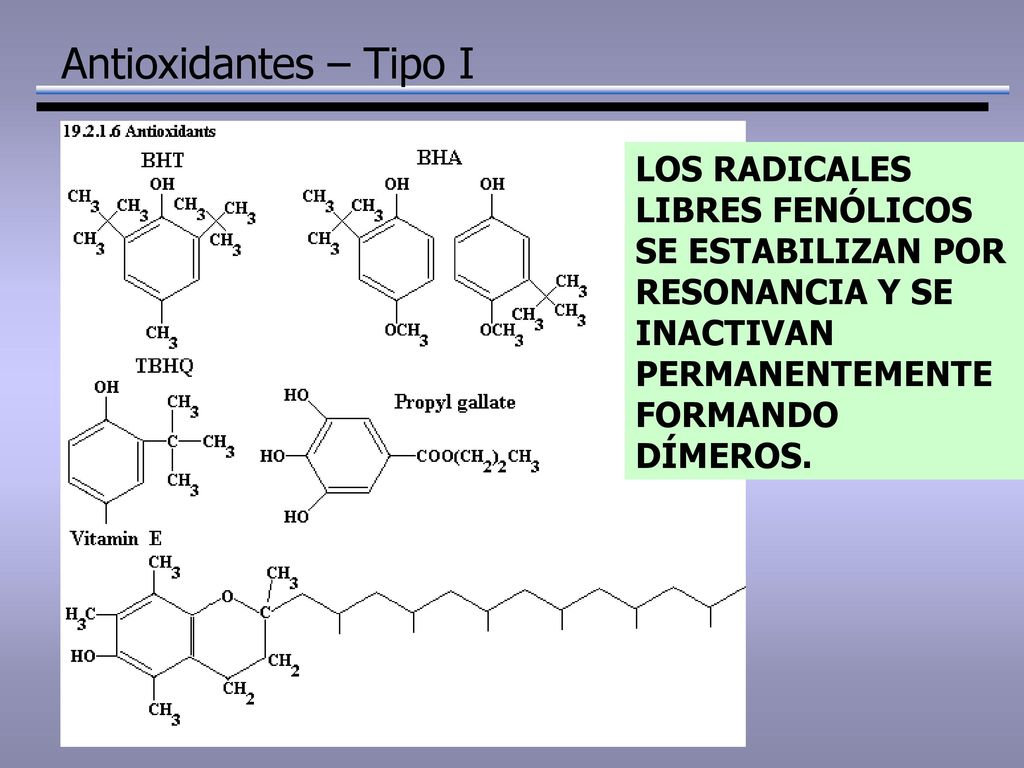 Antioxidantes – Tipo I LOS RADICALES LIBRES FENÓLICOS SE ESTABILIZAN POR RESONANCIA Y SE INACTIVAN PERMANENTEMENTE FORMANDO DÍMEROS.