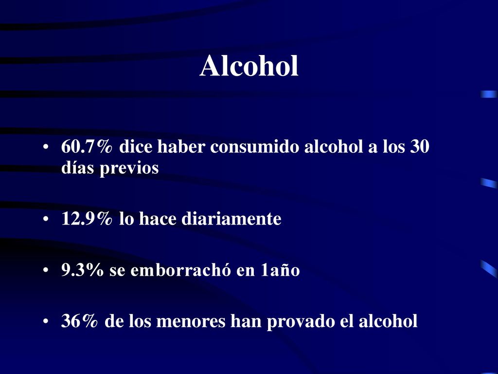 Alcohol 60.7% dice haber consumido alcohol a los 30 días previos