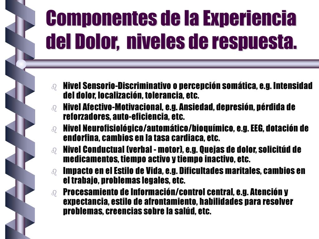Componentes de la Experiencia del Dolor, niveles de respuesta.