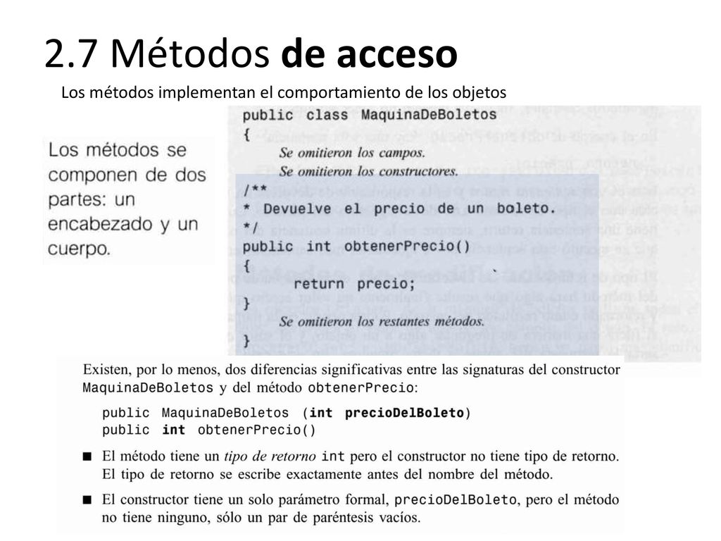 2.7 Métodos de acceso Los métodos implementan el comportamiento de los objetos
