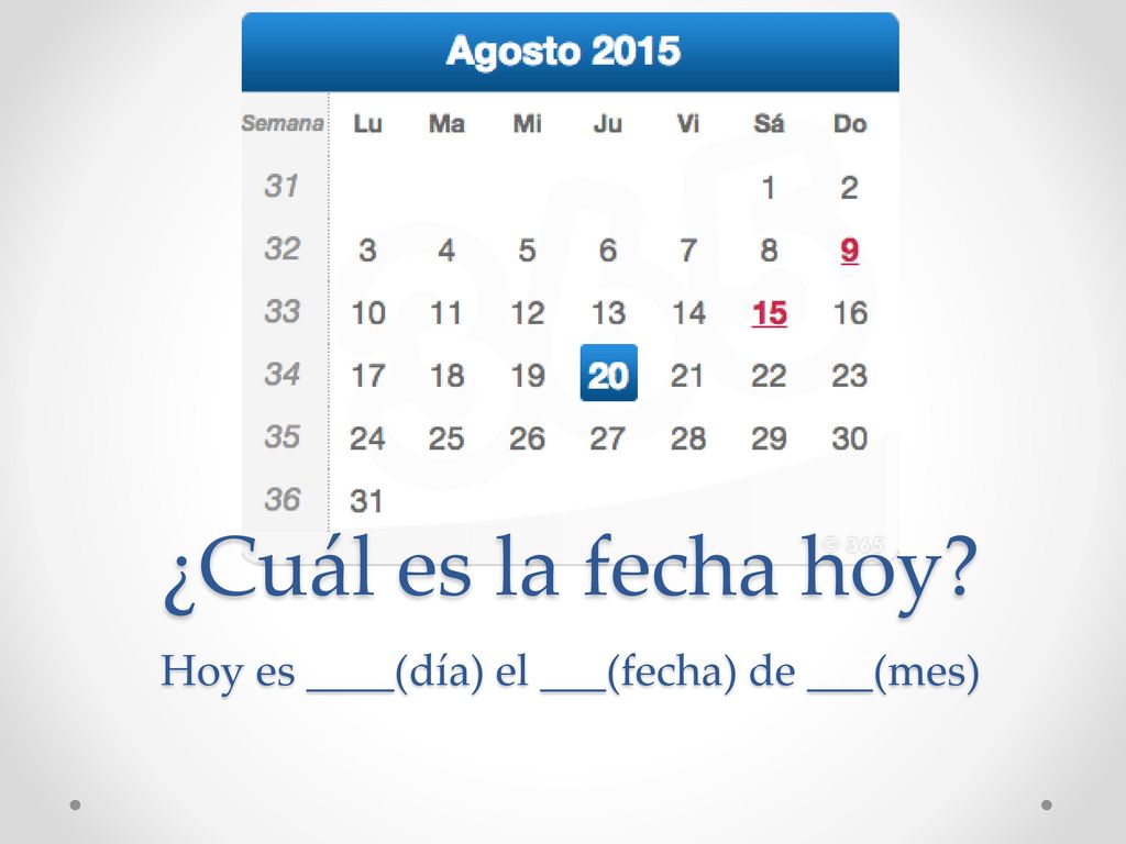 ¿Cuál es la fecha hoy Hoy es ____(día) el ___(fecha) de ___(mes)