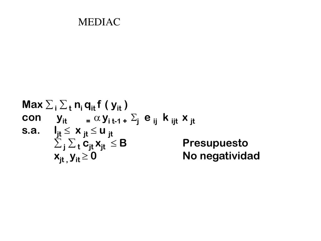 MEDIAC Max  i  t ni qit f ( yit ) con yit =  yi t-1 + j e ij k ijt x jt. s.a. ljt  x jt  u jt.