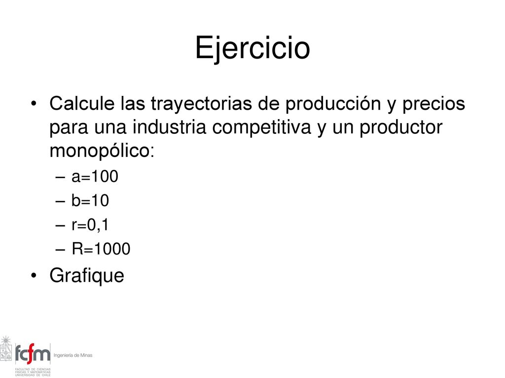 Ejercicio Calcule las trayectorias de producción y precios para una industria competitiva y un productor monopólico: