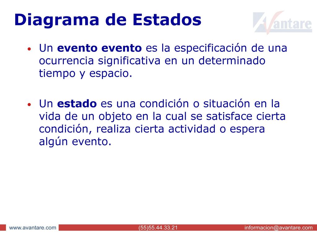 Diagrama de Estados Un evento evento es la especificación de una ocurrencia significativa en un determinado tiempo y espacio.