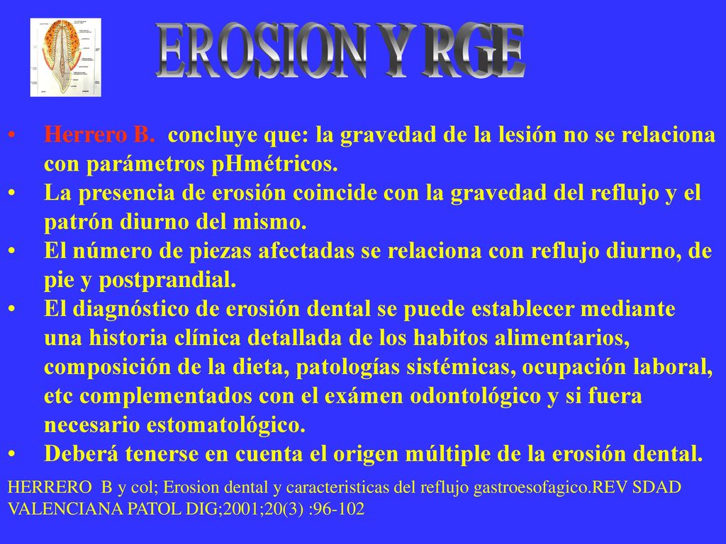 EROSION Y RGE Herrero B. concluye que: la gravedad de la lesión no se relaciona con parámetros pHmétricos.
