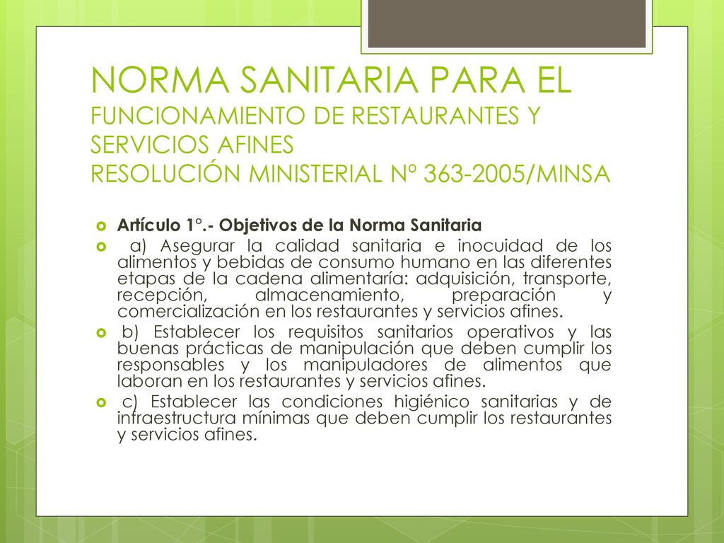 NORMA SANITARIA PARA EL FUNCIONAMIENTO DE RESTAURANTES Y SERVICIOS AFINES RESOLUCIÓN MINISTERIAL Nº /MINSA