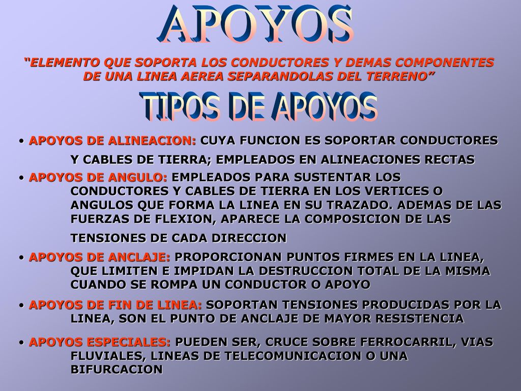 APOYOS ELEMENTO QUE SOPORTA LOS CONDUCTORES Y DEMAS COMPONENTES DE UNA LINEA AEREA SEPARANDOLAS DEL TERRENO