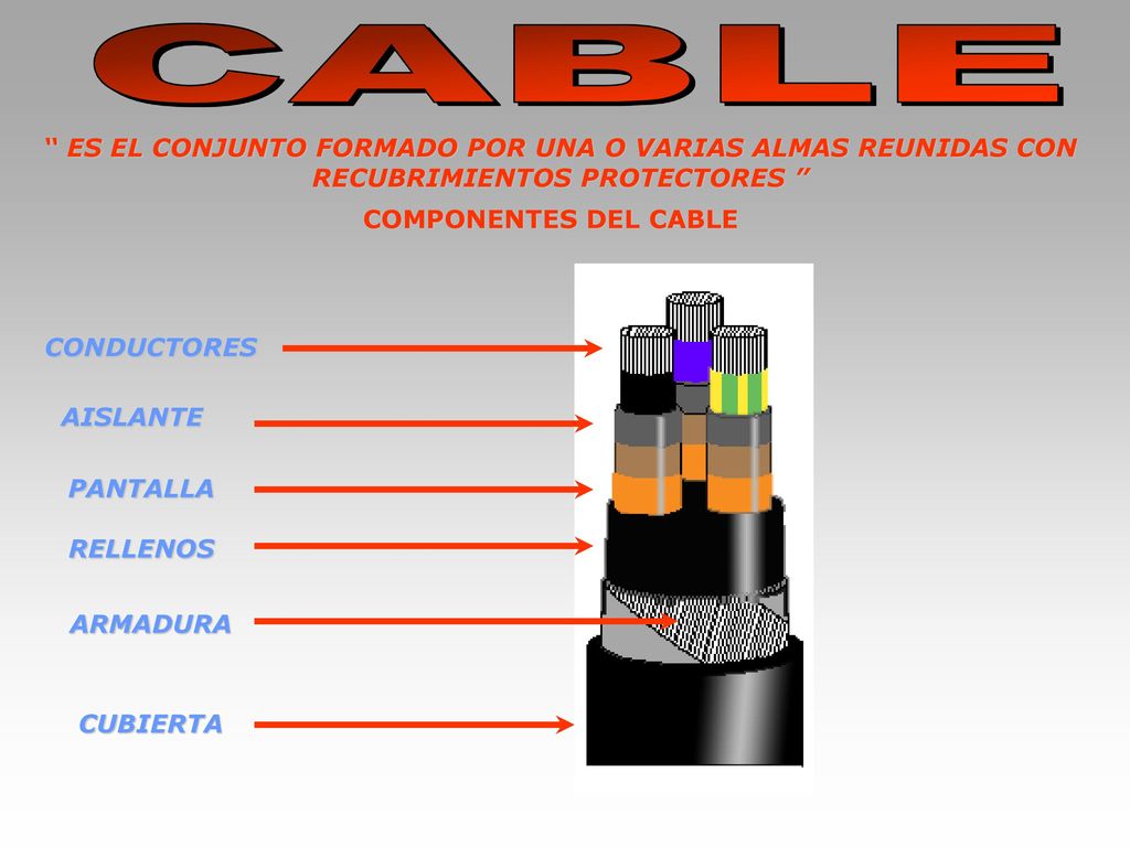 CABLE ES EL CONJUNTO FORMADO POR UNA O VARIAS ALMAS REUNIDAS CON RECUBRIMIENTOS PROTECTORES COMPONENTES DEL CABLE.