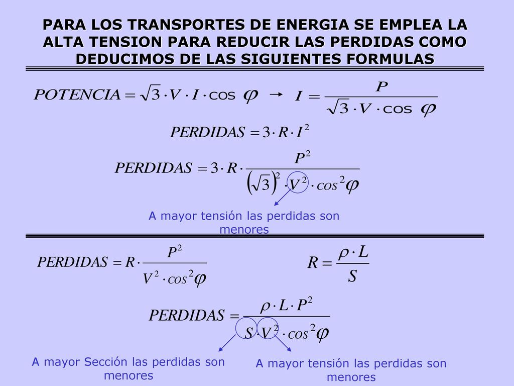 PARA LOS TRANSPORTES DE ENERGIA SE EMPLEA LA ALTA TENSION PARA REDUCIR LAS PERDIDAS COMO DEDUCIMOS DE LAS SIGUIENTES FORMULAS