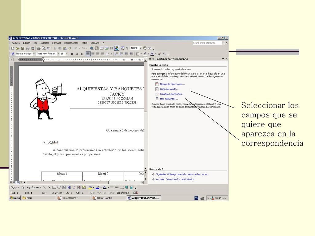 Seleccionar los campos que se quiere que aparezca en la correspondencia