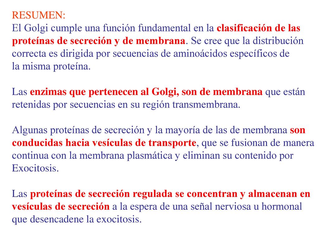 RESUMEN: El Golgi cumple una función fundamental en la clasificación de las. proteínas de secreción y de membrana. Se cree que la distribución.