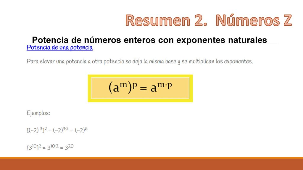 Resumen 2. Números Z Potencia de números enteros con exponentes naturales