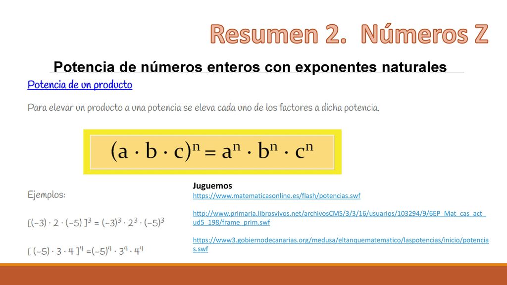 Resumen 2. Números Z Potencia de números enteros con exponentes naturales. Juguemos.