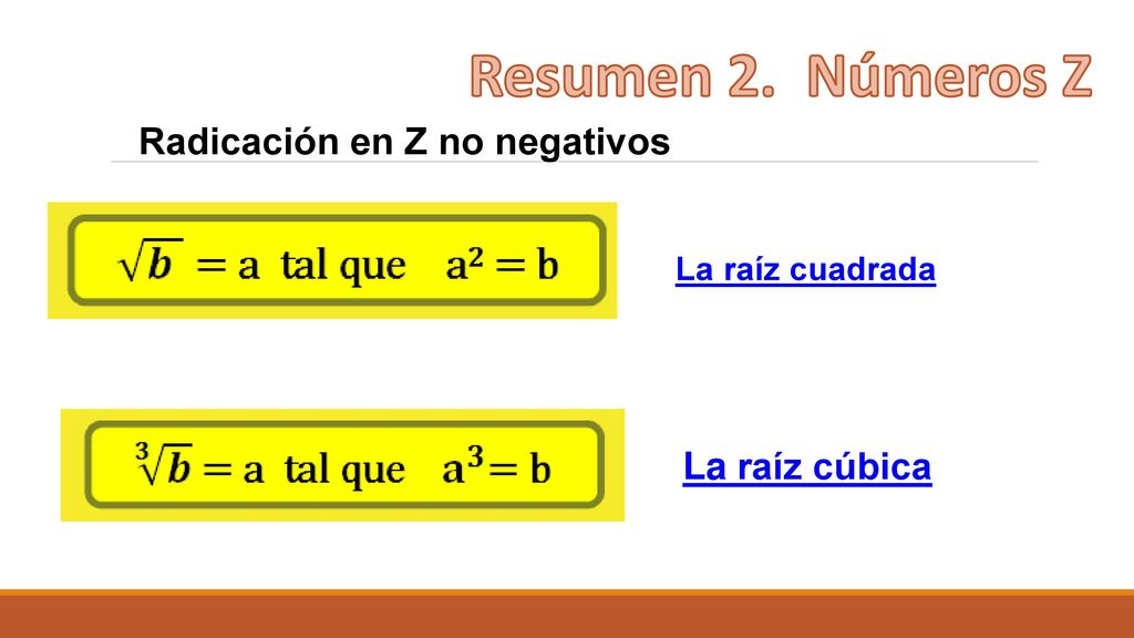 Resumen 2. Números Z Radicación en Z no negativos La raíz cúbica