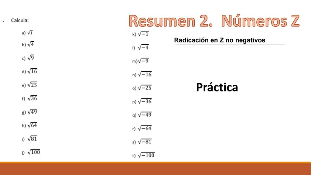 Resumen 2. Números Z Radicación en Z no negativos Práctica