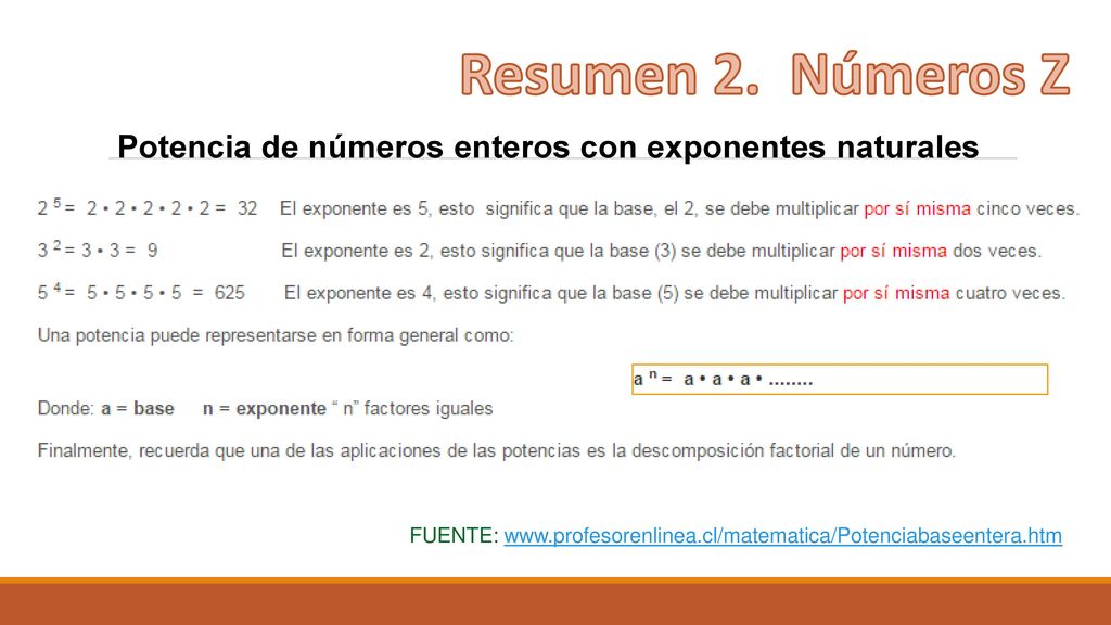 Resumen 2. Números Z Potencia de números enteros con exponentes naturales.