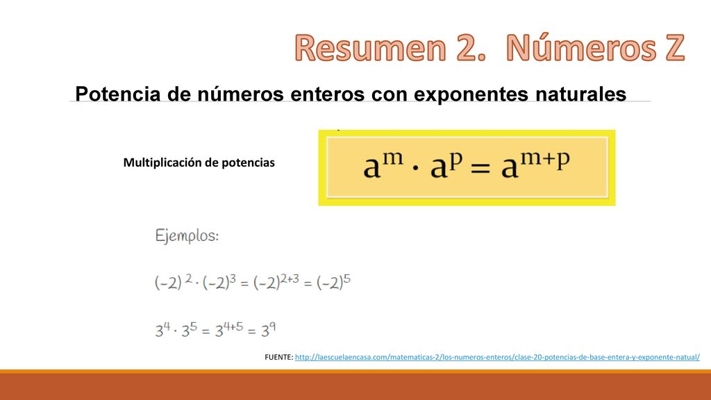 Resumen 2. Números Z Potencia de números enteros con exponentes naturales. Multiplicación de potencias.