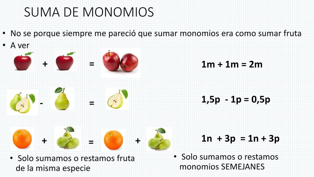 SUMA DE MONOMIOS + = 1m + 1m = 2m 1,5p - 1p = 0,5p - =