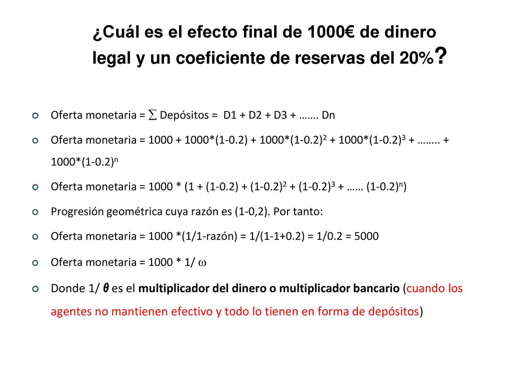¿Cuál es el efecto final de 1000€ de dinero legal y un coeficiente de reservas del 20%
