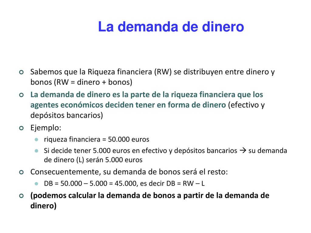 La demanda de dinero Sabemos que la Riqueza financiera (RW) se distribuyen entre dinero y bonos (RW = dinero + bonos)