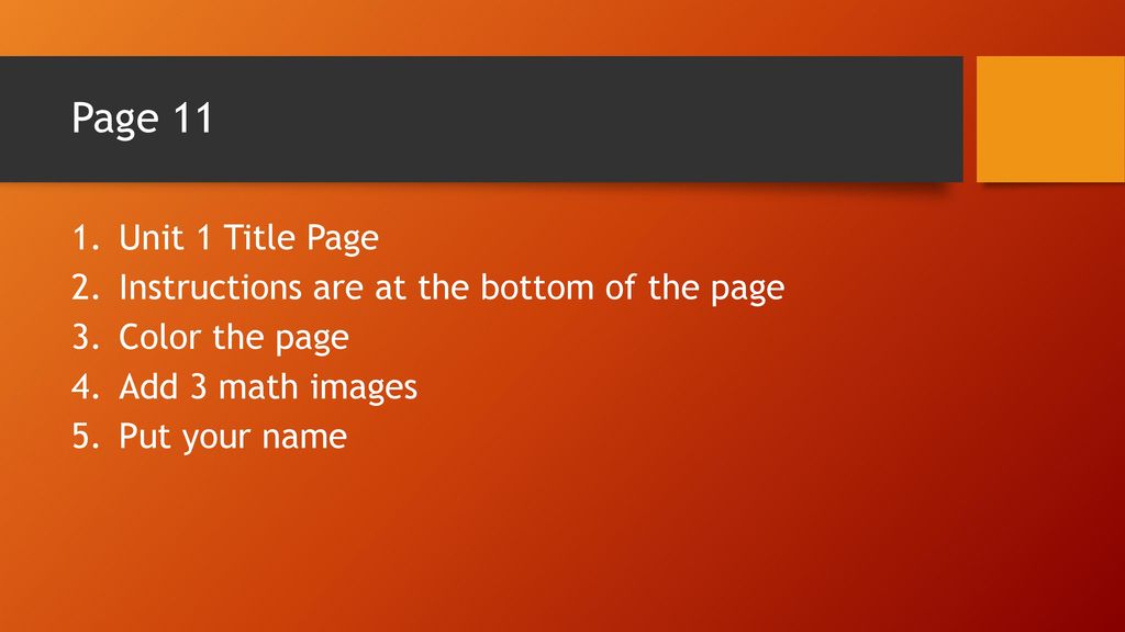 Page 11 Unit 1 Title Page Instructions are at the bottom of the page