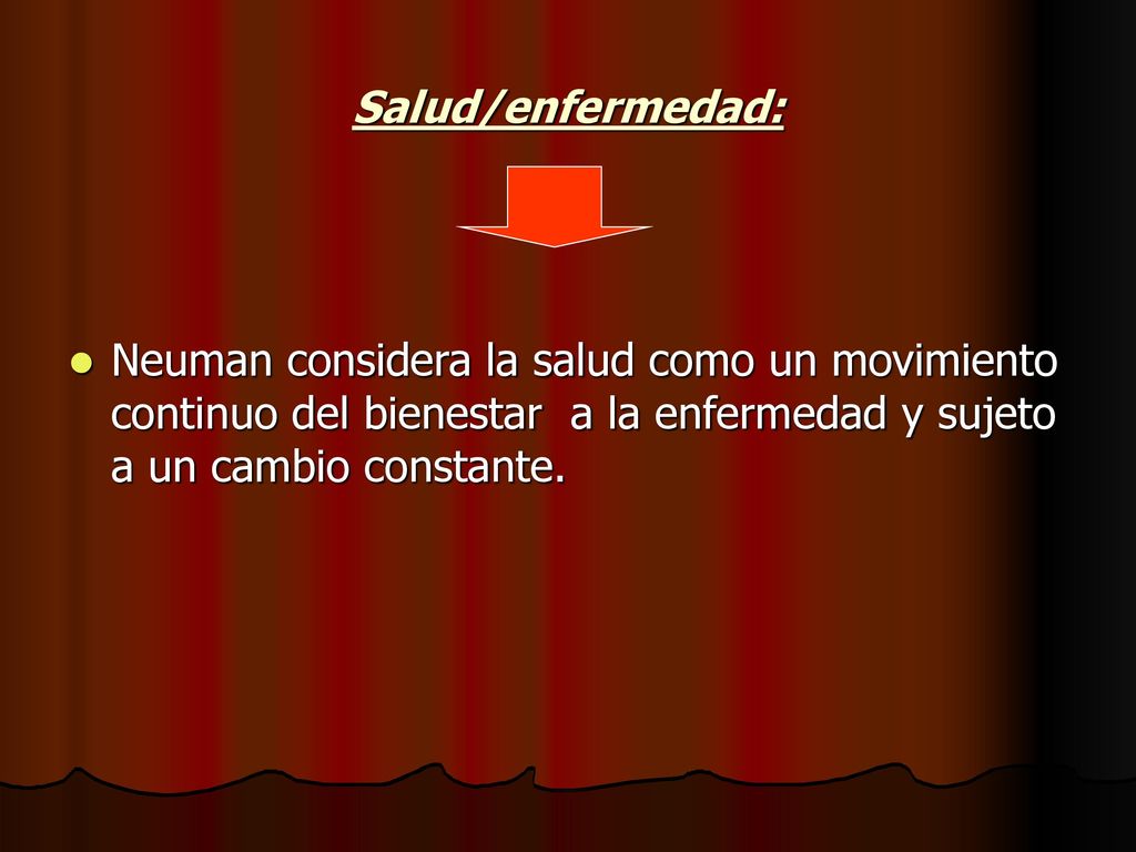 Salud/enfermedad: Neuman considera la salud como un movimiento continuo del bienestar a la enfermedad y sujeto a un cambio constante.