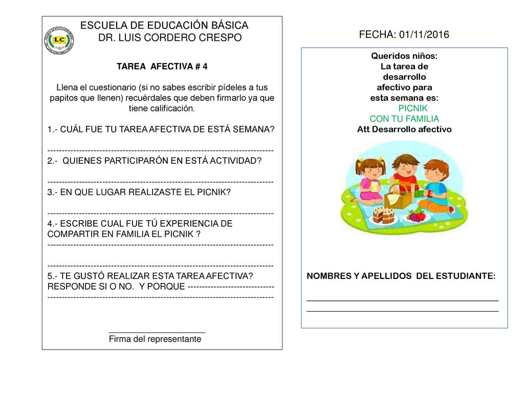 ESCUELA DE EDUCACIÓN BÁSICA DR. LUIS CORDERO CRESPO FECHA: 01/11/2016