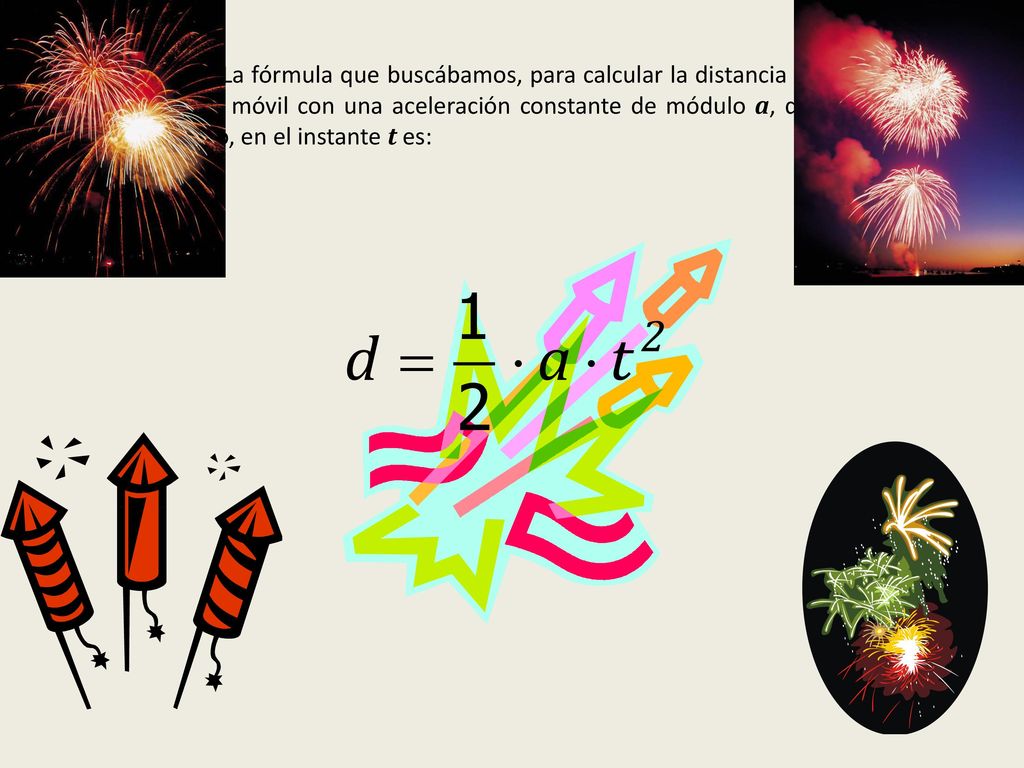 La fórmula que buscábamos, para calcular la distancia recorrida d por un móvil con una aceleración constante de módulo a, que parte del reposo, en el instante t es: