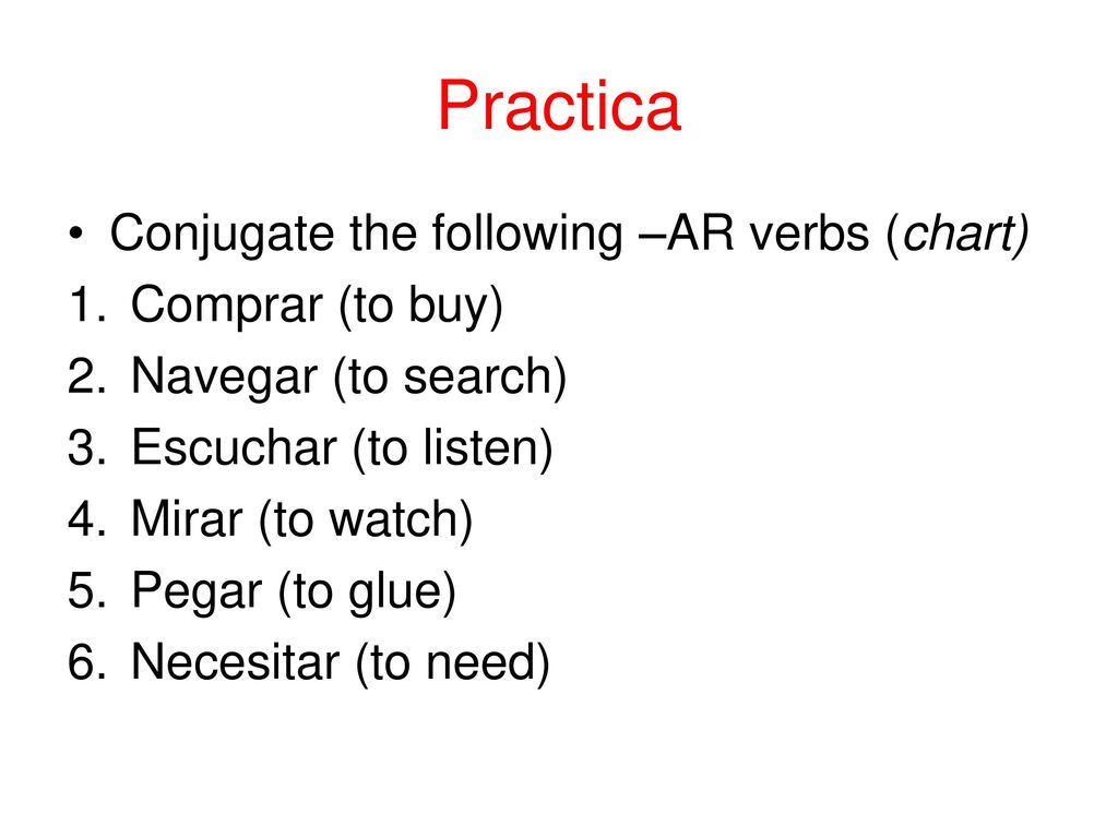 Practica Conjugate the following –AR verbs (chart) Comprar (to buy)