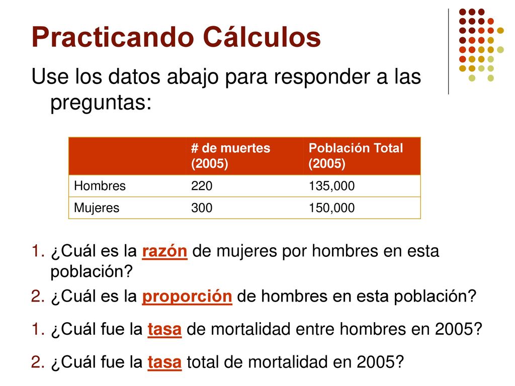 Practicando Cálculos Use los datos abajo para responder a las preguntas: ¿Cuál es la razón de mujeres por hombres en esta población