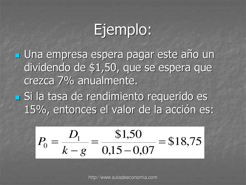 Ejemplo: Una empresa espera pagar este año un dividendo de $1,50, que se espera que crezca 7% anualmente.