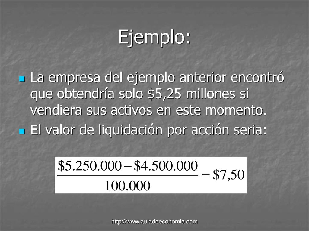 Ejemplo: La empresa del ejemplo anterior encontró que obtendría solo $5,25 millones si vendiera sus activos en este momento.