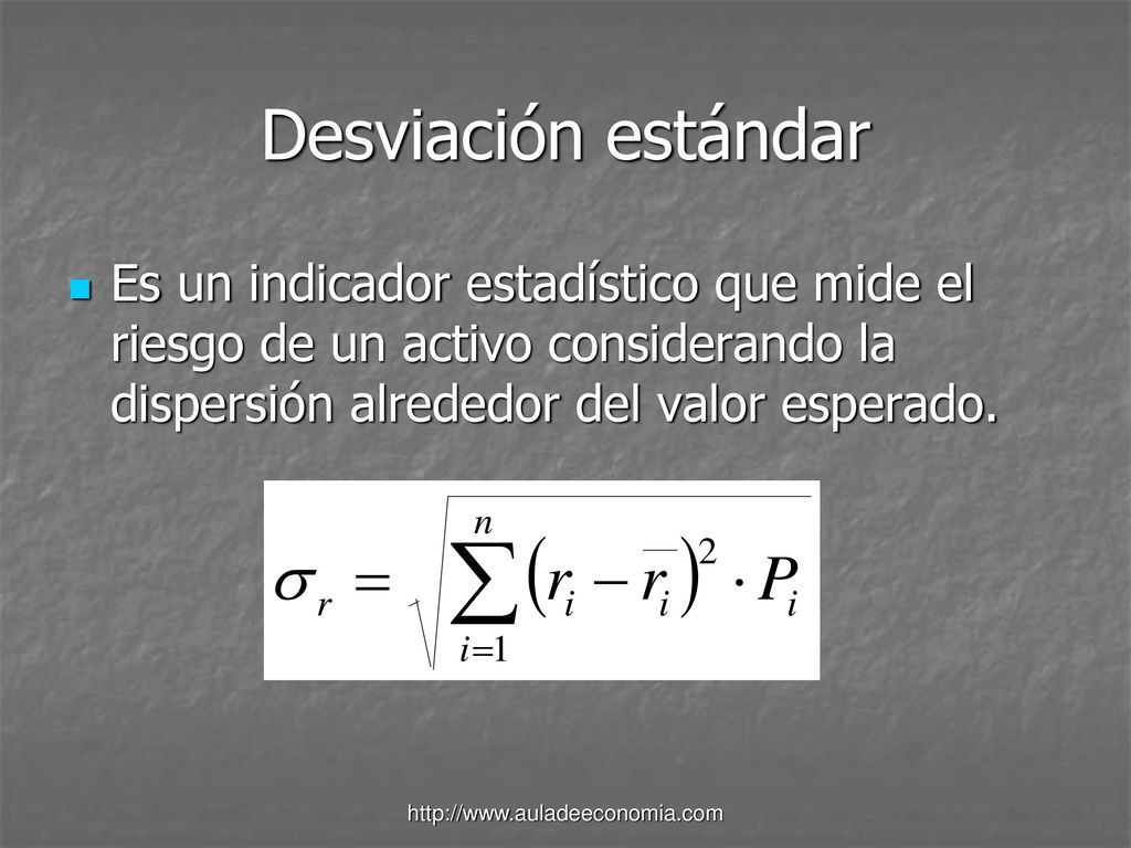 Desviación estándar Es un indicador estadístico que mide el riesgo de un activo considerando la dispersión alrededor del valor esperado.