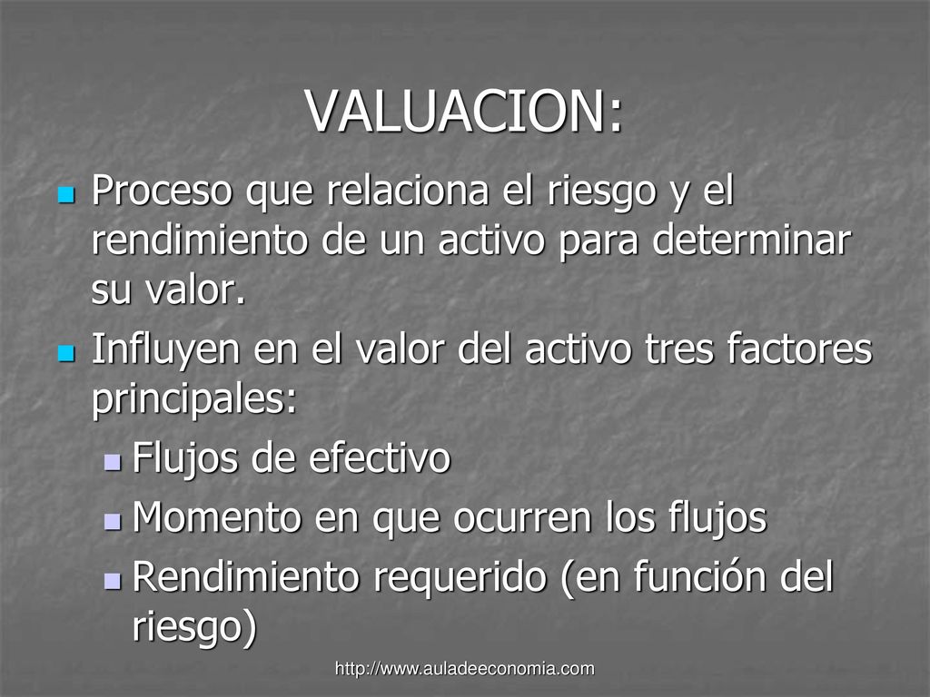 VALUACION: Proceso que relaciona el riesgo y el rendimiento de un activo para determinar su valor.