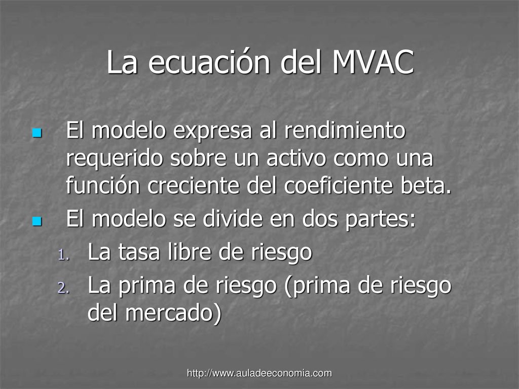 La ecuación del MVAC El modelo expresa al rendimiento requerido sobre un activo como una función creciente del coeficiente beta.