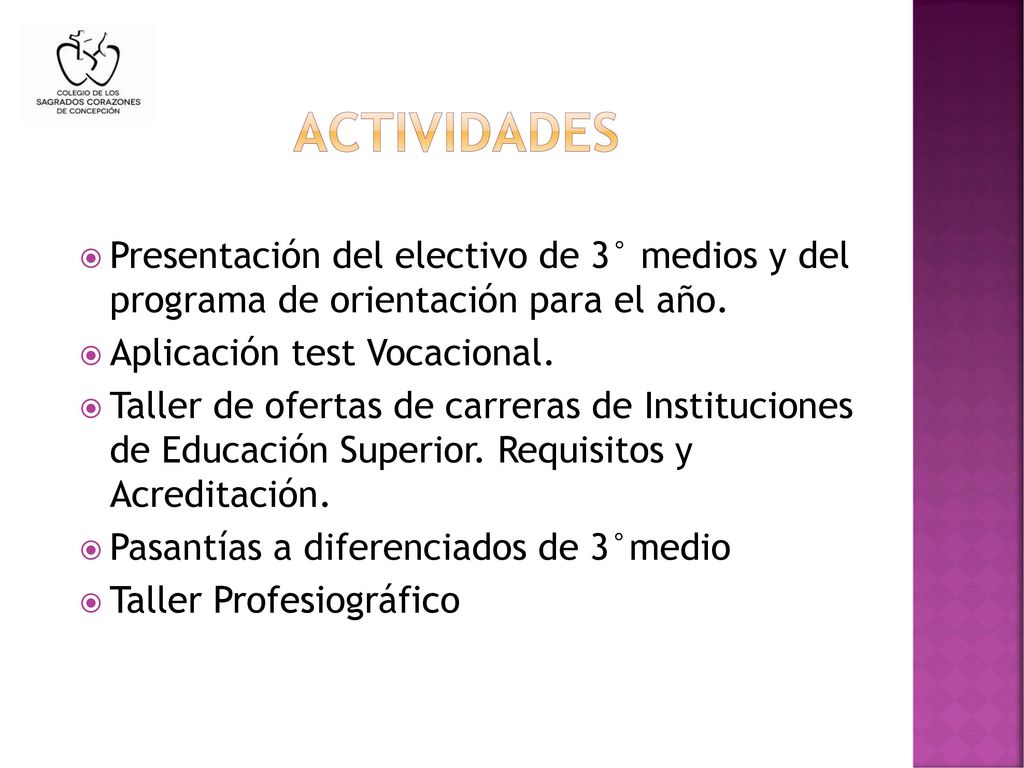 Actividades Presentación del electivo de 3° medios y del programa de orientación para el año. Aplicación test Vocacional.