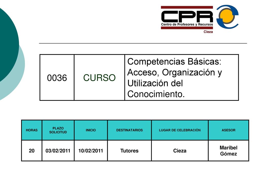 0036 CURSO. Competencias Básicas: Acceso, Organización y Utilización del Conocimiento. HORAS. PLAZO SOLICITUD.