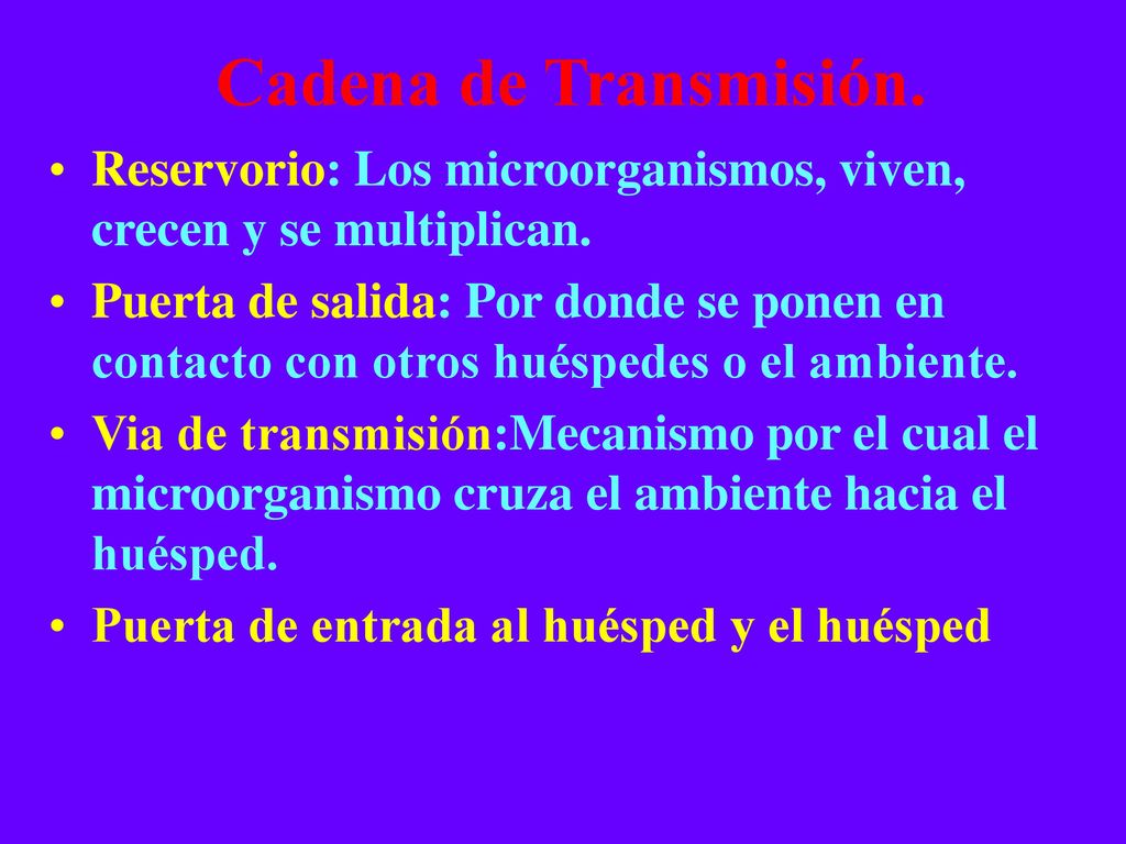 Cadena de Transmisión. Reservorio: Los microorganismos, viven, crecen y se multiplican.