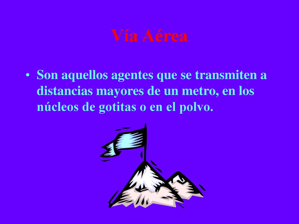 Vía Aérea Son aquellos agentes que se transmiten a distancias mayores de un metro, en los núcleos de gotitas o en el polvo.