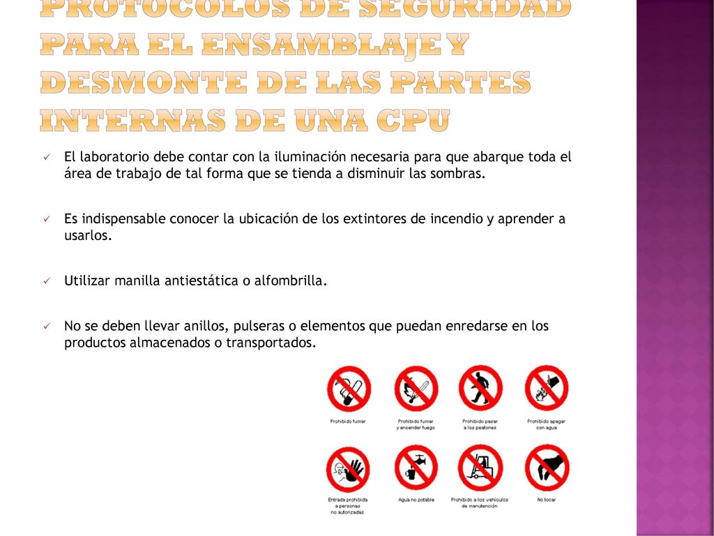 PROTOCOLOS DE SEGURIDAD PARA EL ENSAMBLAJE Y DESMONTE DE LAS PARTES INTERNAS DE UNA CPU