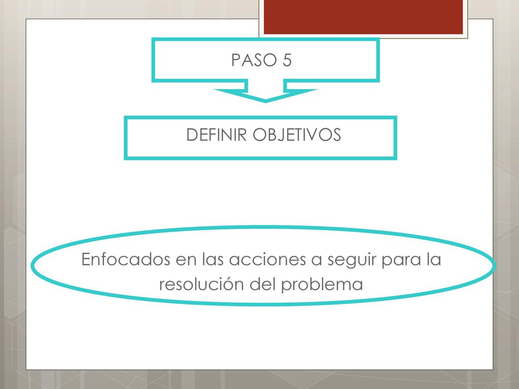 PASO 5 DEFINIR OBJETIVOS Enfocados en las acciones a seguir para la resolución del problema
