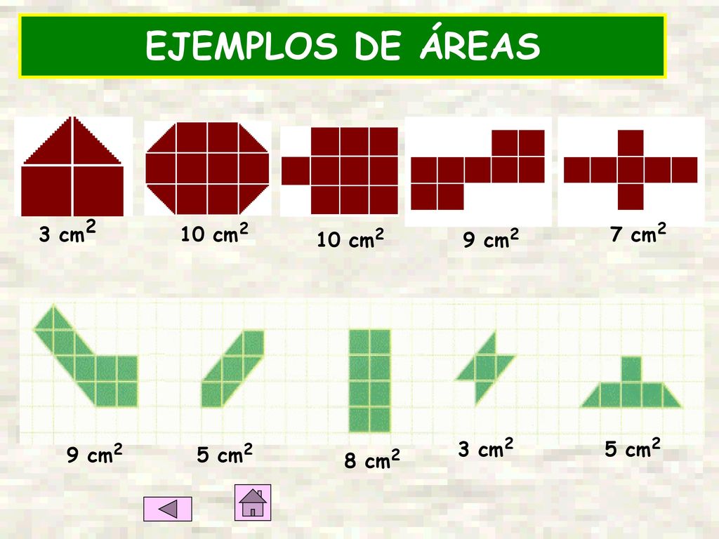 EJEMPLOS DE ÁREAS 3 cm2 10 cm2 7 cm2 10 cm2 9 cm2 3 cm2 5 cm2 9 cm2