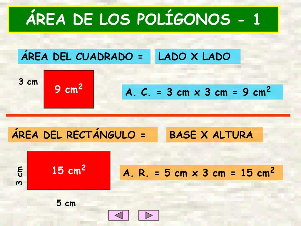 ÁREA DE LOS POLÍGONOS - 1 ÁREA DEL CUADRADO = LADO X LADO 9 cm2