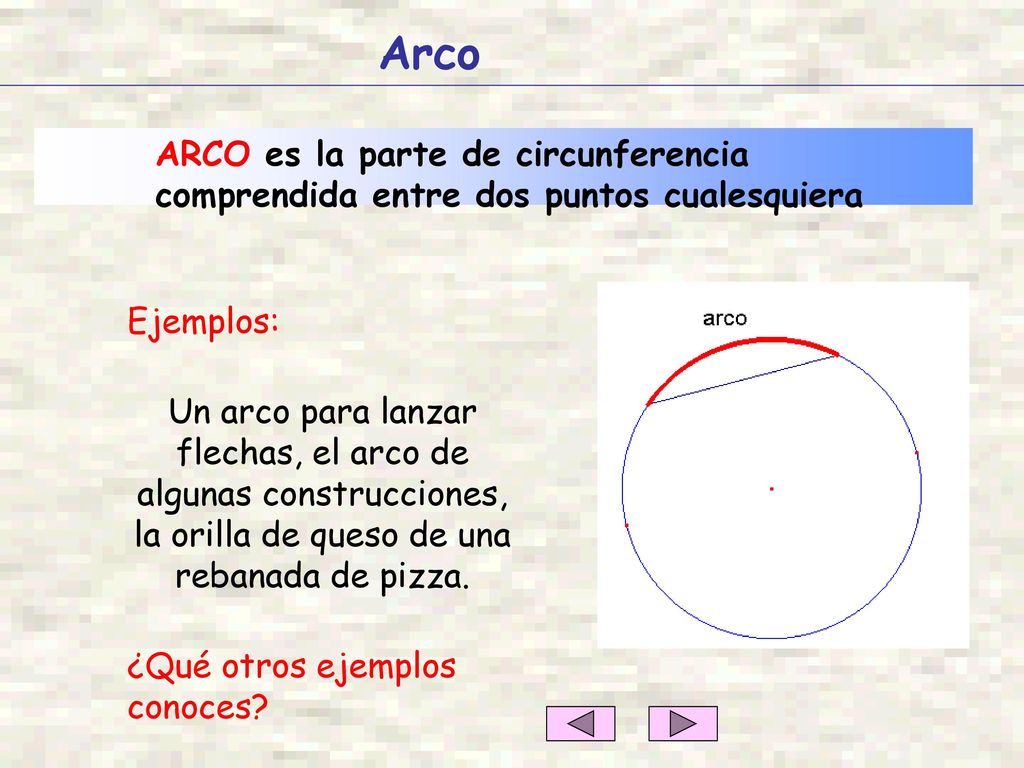 Arco ARCO es la parte de circunferencia comprendida entre dos puntos cualesquiera. Ejemplos: