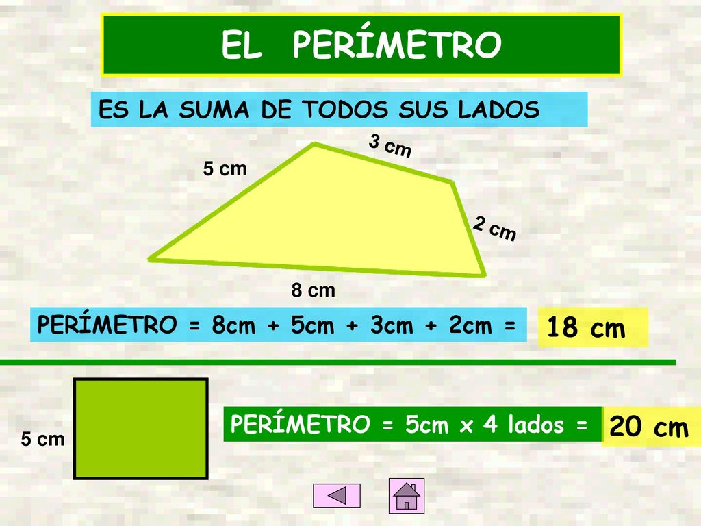 EL PERÍMETRO 18 cm 20 cm ES LA SUMA DE TODOS SUS LADOS