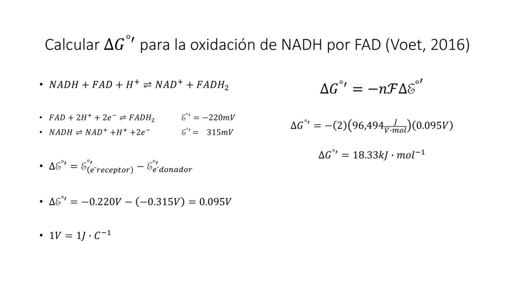 Calcular ∆ 𝐺 °′ para la oxidación de NADH por FAD (Voet, 2016)